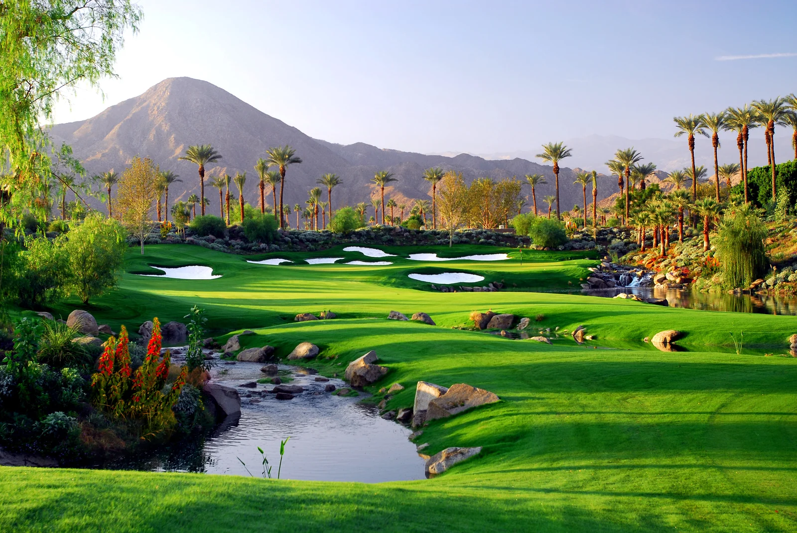 Greens, bunkers and palms on the Celebrity Course at Indian Wells Golf Resort