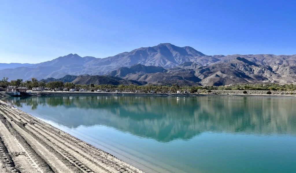 Lake Cahuilla reservoir below desert mountains