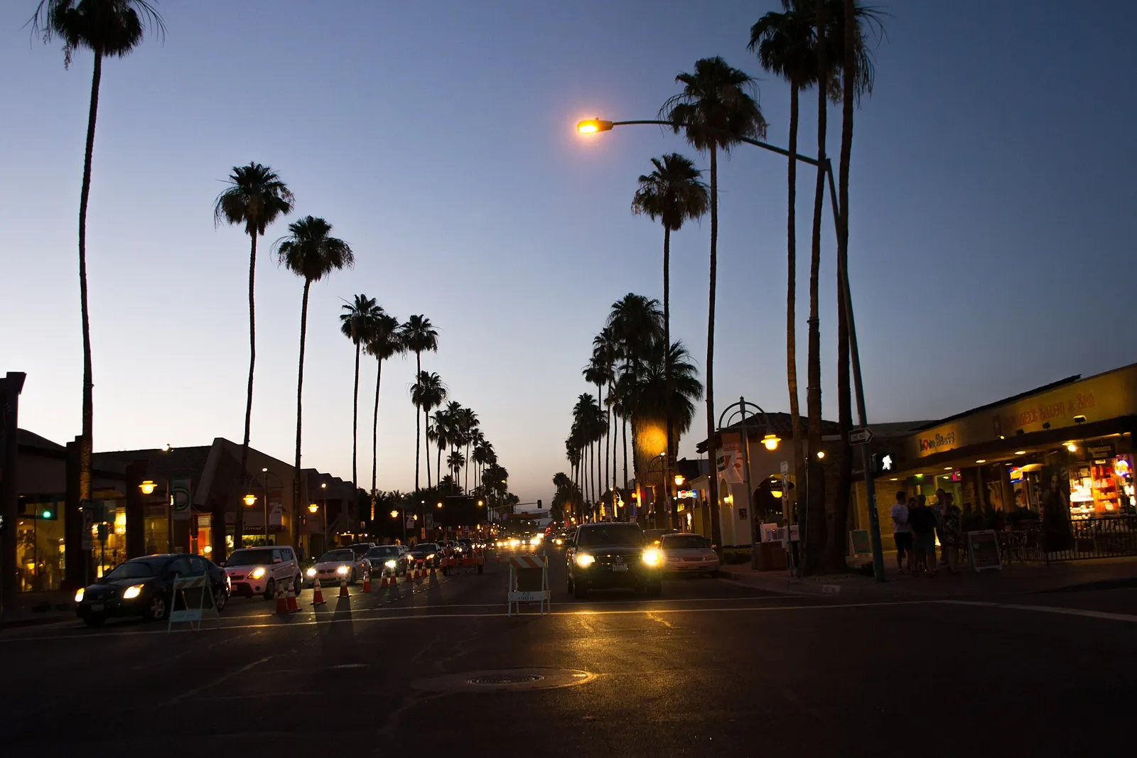 Palm Canyon Drive in downtown Palm Springs at sunset