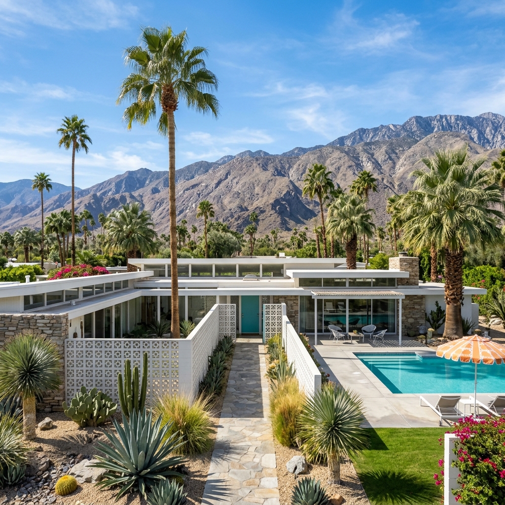 Palm Springs mid-century modern estate with San Jacinto mountain backdrop